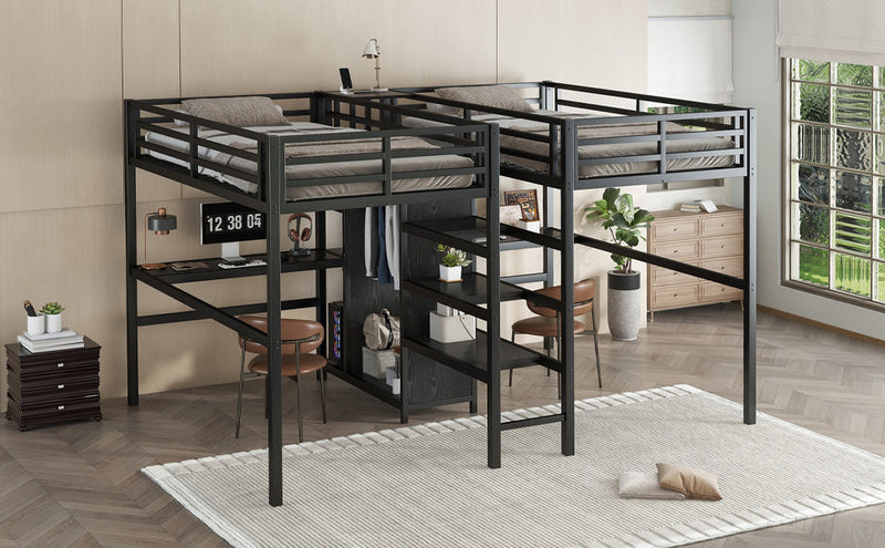 Twin Over Twin Metal Loft Bed with Double Desk and Wardrobe and Shelves with Electrical Outlet for Space Saving and Noise Reduction,Black