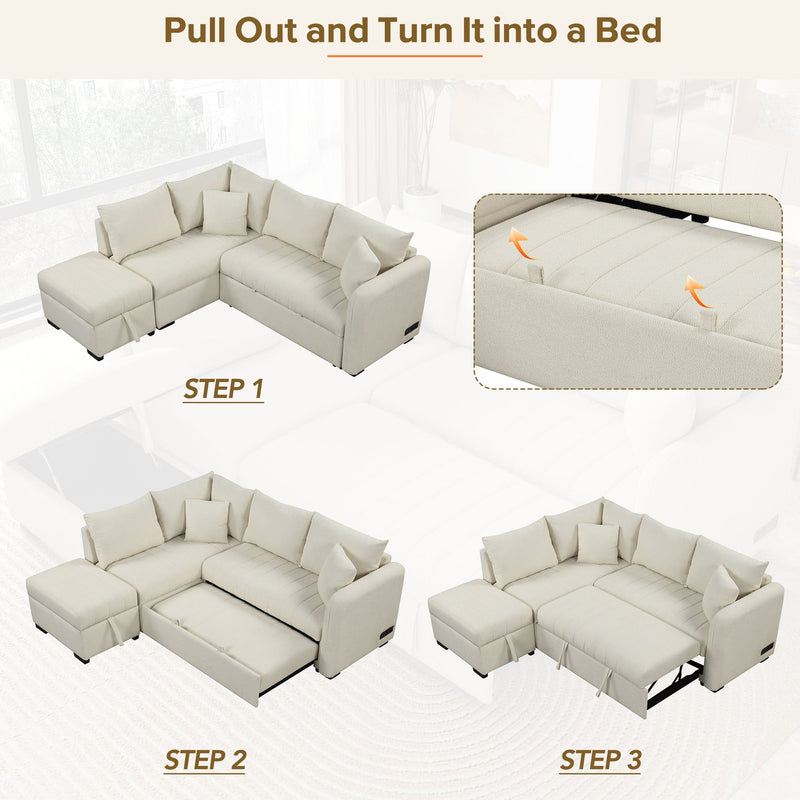 82.6" L-shaped Sectional Pull Out Sofa Bed Sleeper Sofa with Two USB Ports, Two Power Sockets and a Movable Storage Ottoman, Beige