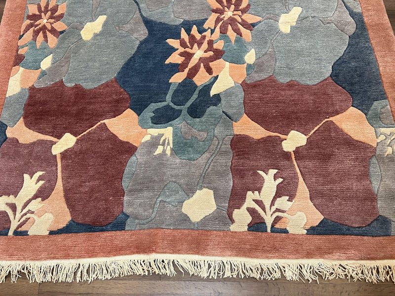 Modern Tibetan Rug 5.7 x 7.9, Abstract Multicolor Flower Pattern, Navy Blue Maroon Salmon, Soft Wool, Hand Knotted Contemporary Carpet 6x8