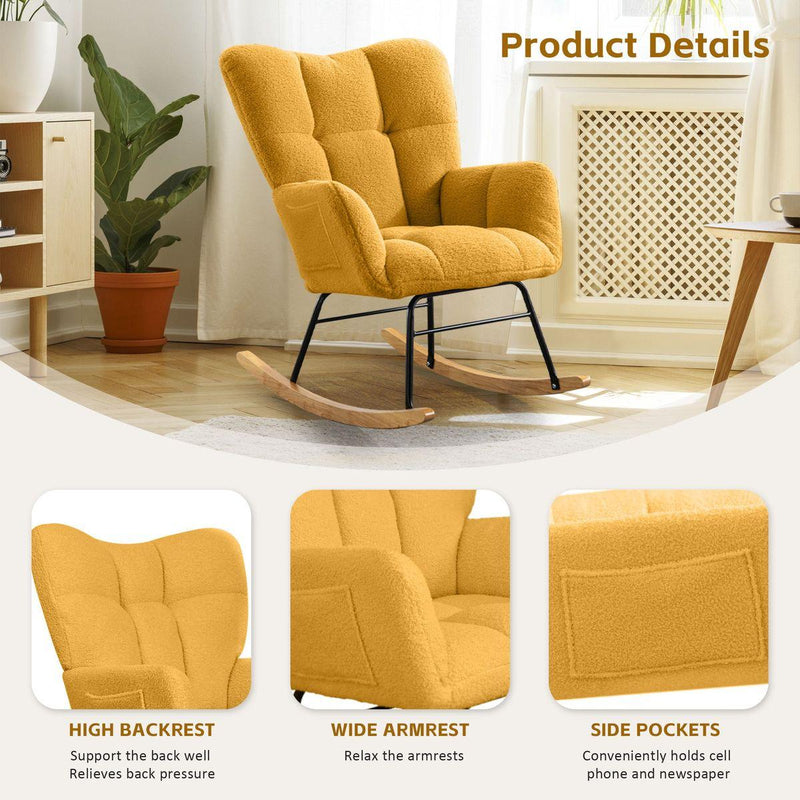 Teddy Fabric Rocking Chair, Modern Rocking Accent Chair for Nursery, Living Room, Bedroom, Yellow