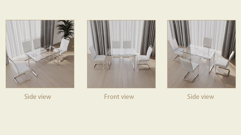 51 inch Glass Dining Table Set for 4, Dining Table & Chair Sets with Silver Plating Legs for Kitchen, Modern Rectangle Tempered Glass Table Top and PU Dining armless Chair for Dining Room