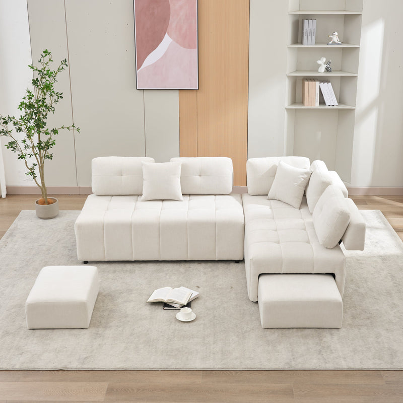 91.73" L-shaped Sofa Sectional Sofa Couch with 2 Stools and 2 Lumbar Pillows for Living Room, Biege