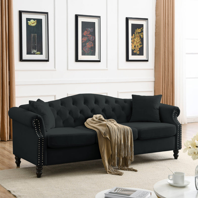 79" Chesterfield Sofa Black Velvet for Living Room, 3 Seater Sofa Tufted Couch with Rolled Arms and Nailhead for Living Room, Bedroom, Office, Apartment, 3S+2S