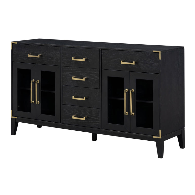 6-drawer and 2-Cabinet Retro Sideboard with Extra Large Storage Space, with Gold Handles and Solid Wood Legs, for Kitchen and Living Room (Black)