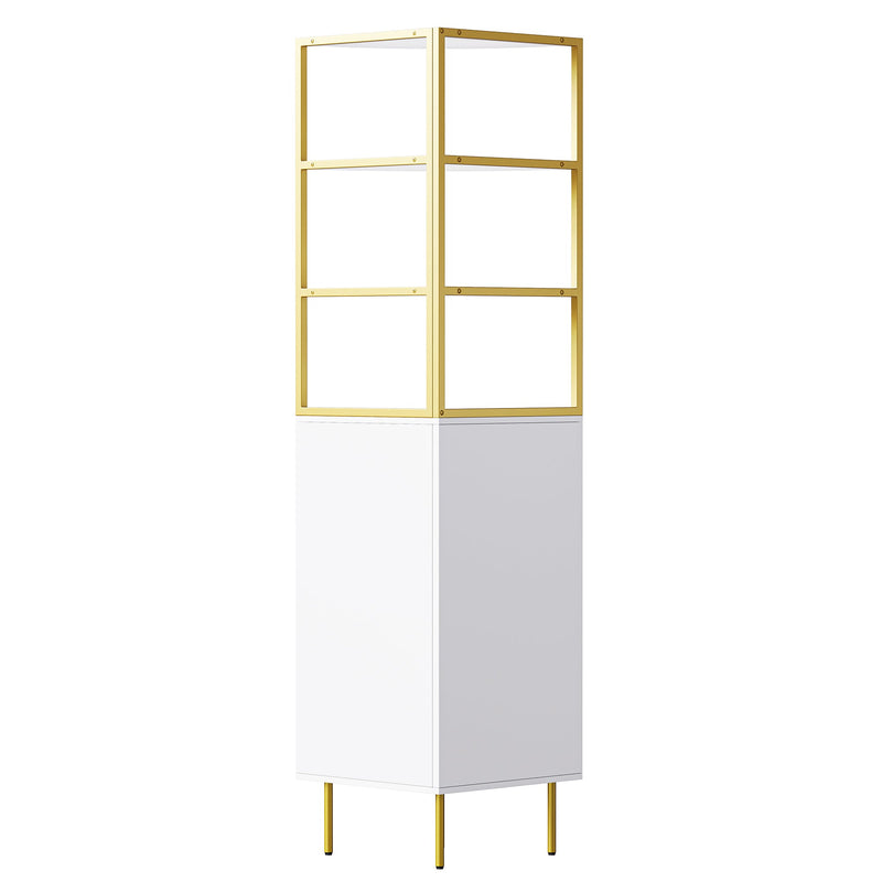 74.8" Tall Modern Corner Bookshelf,Fan-Shaped bookcase with 1 Drawer and 2 Doors, Wooden Standing Corner Shelf with Gold Metal Frame for Living Room,Home Office,White