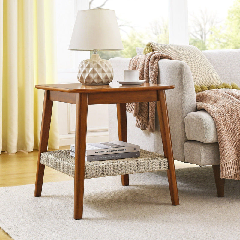 Mid - Century Square Side Table With Woven Shelf - Walnut, photo 5 of 7