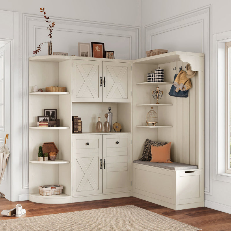 Multifunctional left-right combination hall cabinet (can be used separately) with storage and 4 hooks, storage cabinet/ hall tree 2 in 1 for living room, kitchen and hallway,antique Beige