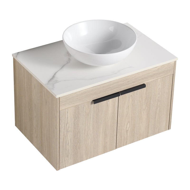 30" Modern Design Float Bathroom Vanity With Ceramic Basin Set, Wall Mounted White Oak Vanity With Soft Close Door, KD-PackingD-Packing Pieces