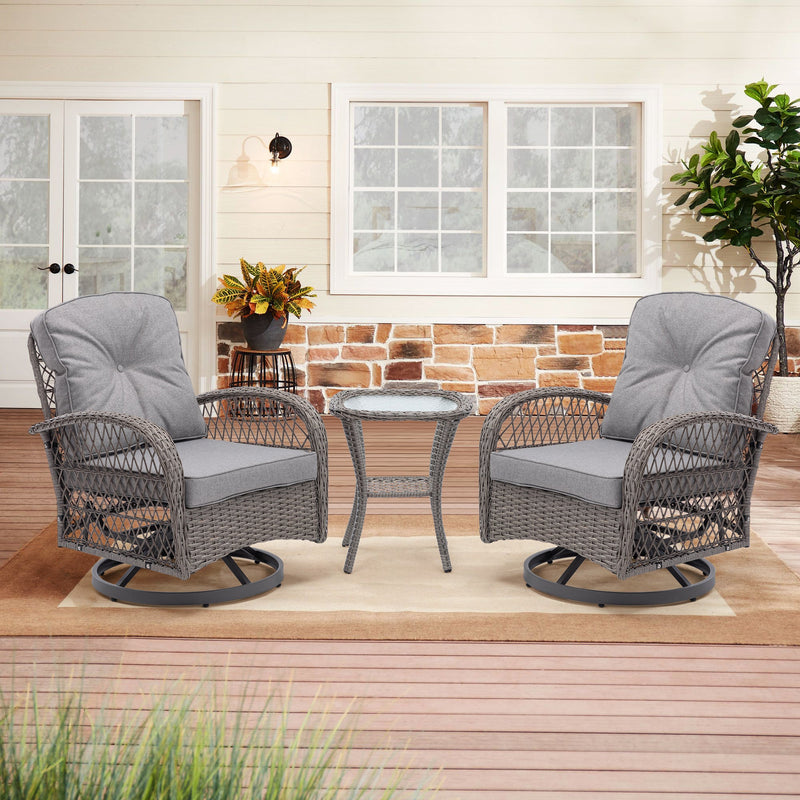 3 Pieces Outdoor Swivel Rocker Patio Chairs, 360 Degree Rocking Patio Conversation Set with Thickened Cushions and Glass Coffee Table for Backyard, Grey