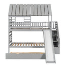 House Bunk Bed With Trundle, Storage Staircase, Roof And Window Design