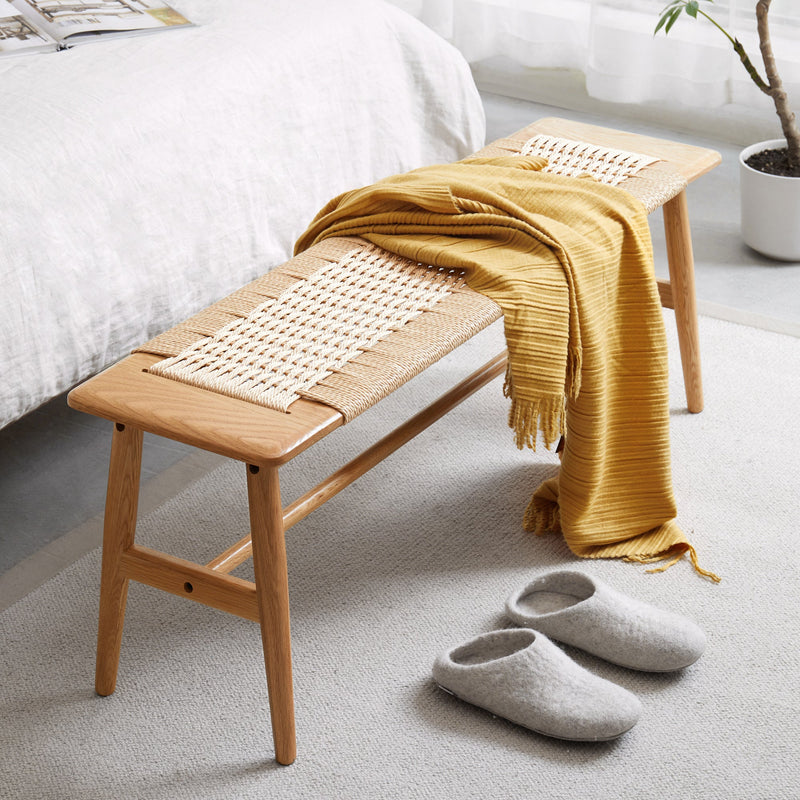 (1.2M) Woven Design Natural Oak Wood Dining Bench Bed Bench for Dining Room, Bedroom, Bathroom