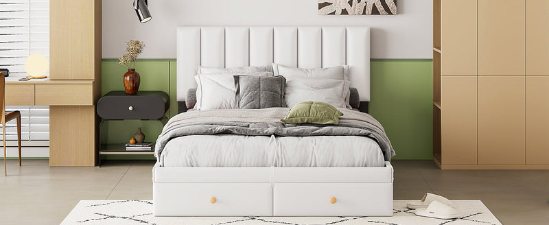 Full Size Upholstered Bed with Hydraulic Storage System and Drawer, White