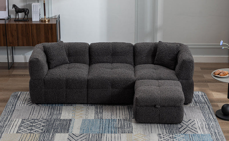 87.7" Sectional Sofa Cozy Teddy Fleece Fabric Sectional Sofa Couch with Two USB Ports a Movable Storage Ottoman and Two Lumbar Pillows for Living Room, Gray