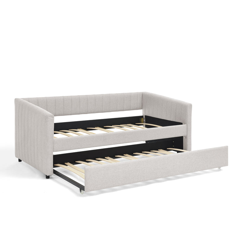 Twin Size Daybed with Trundle Upholstered Sofa Bed, with Vertical Stripes, Linen Fabric, Beige  (82.5'x43'x30')