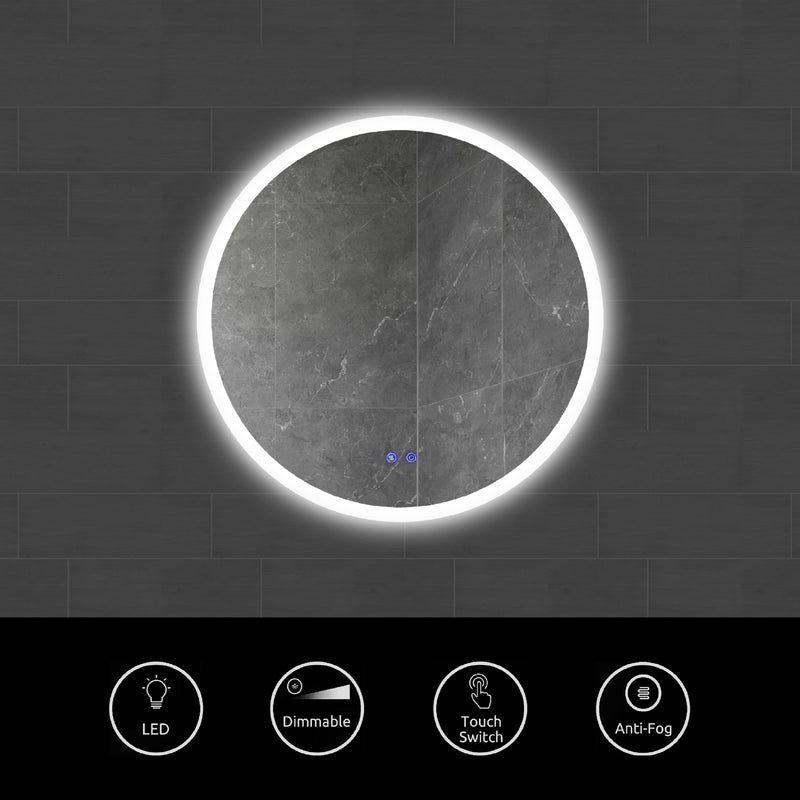 32 x 32 Inch Round Frameless LED Illuminated Bathroom Mirror, Touch Button Defogger, Metal, Silver