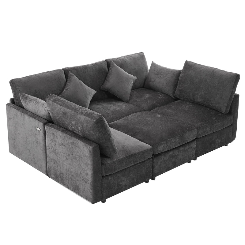 85.4' Sectional Sofa Modular Sofa U-shaped Sofa Couch Sofa Bed L-shaped Sofa with a Movable Ottoman and Two USB Ports for Living Room, Black
