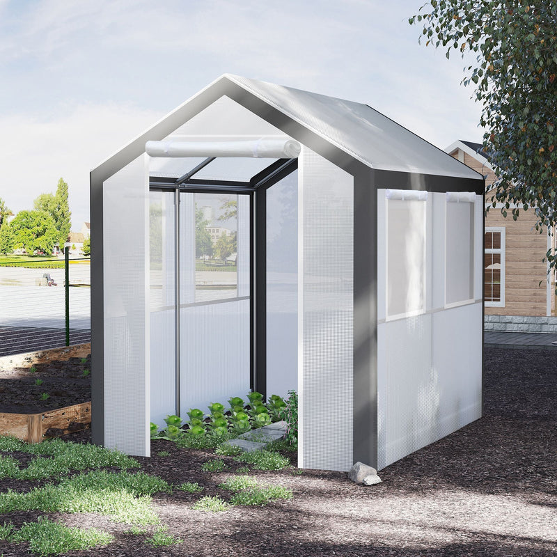 8' x 6' x 7' Walk-In Greenhouse, Outdoor Garden Warm Hot House with 4 Roll-up Windows, 2 Zippered Doors and Weather Cover, White