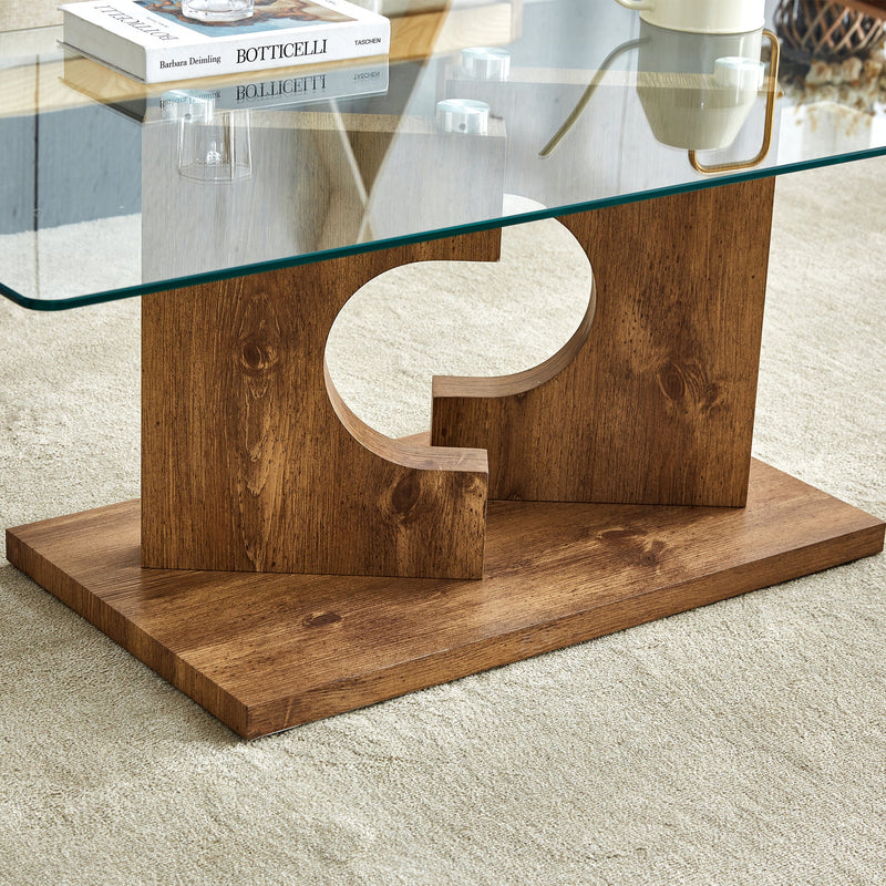 A rectangular modern and fashionable coffee table with tempered glass tabletop and wooden color MDF legs. Suitable for living room.47.2"x25.5"x18"