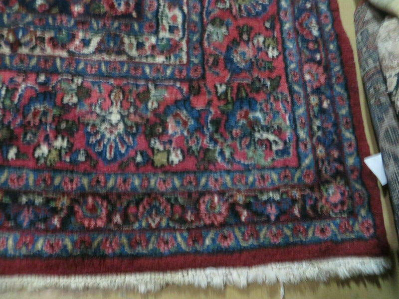 9x12 Persian Sarouk Rug - Semi Open Field Medallion Rug - Ivory Red Blue Hand Knotted Wool Oriental Carpet 9 x 12 Antique Rug - Vegetable Dyes