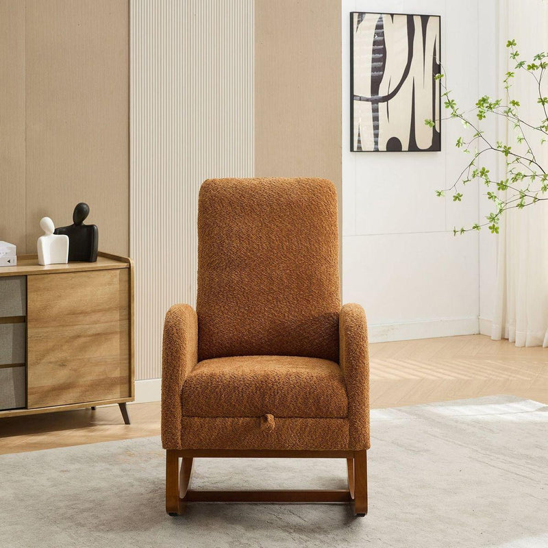 25.4"W Rocking Chair for Nursery, High Back Glider Chair with Retractable Footrest, Side Pocket, Rocking Accent Armchair with Rubber Wood Legs for Living Room/Bedroom.Caramel
