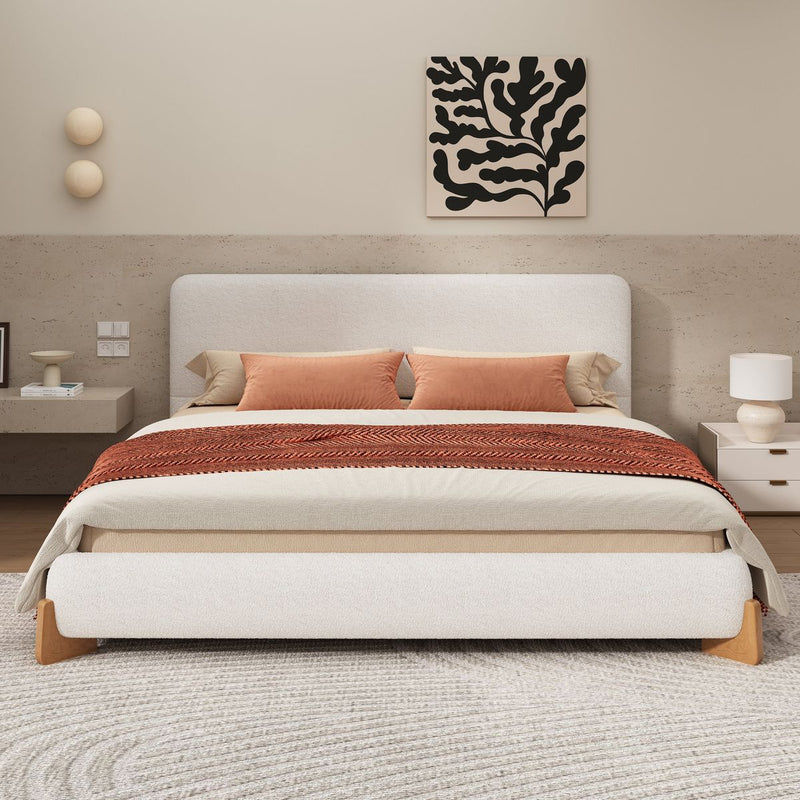Elegant Boucle Upholstered Bed, A Luxurious and Comfortable Bedroom Centerpiece, King Size, White