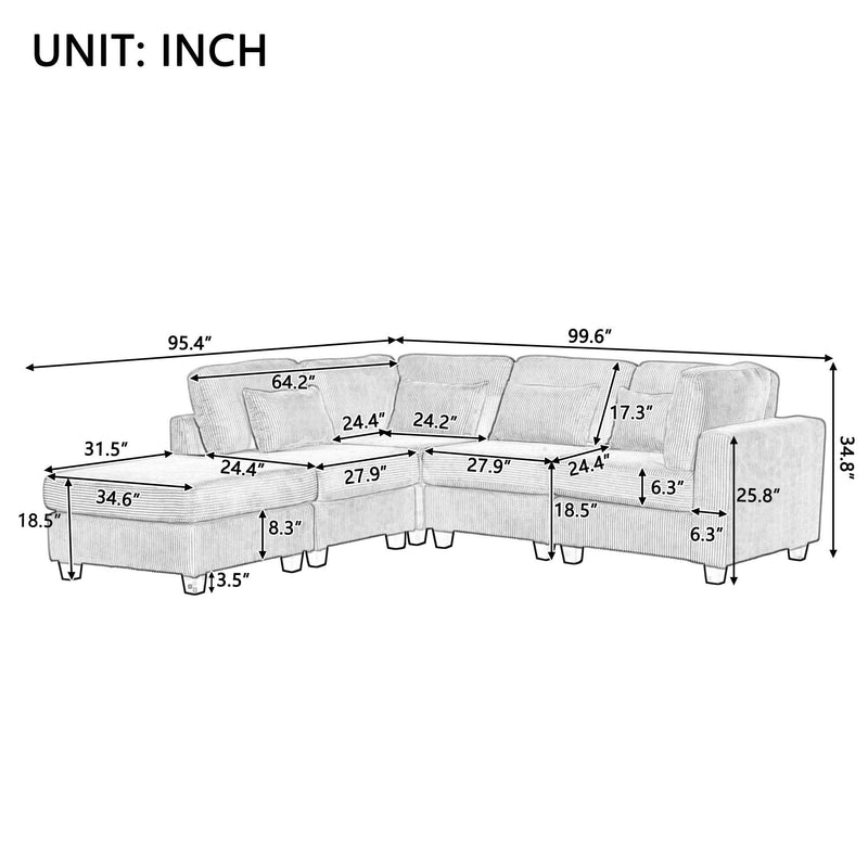 5 Pieces L shaped Sofa with Removable Ottomans and comfortable waist pillows