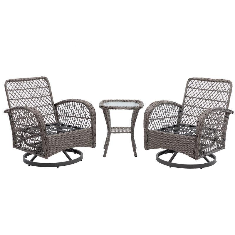 3 Pieces Outdoor Swivel Rocker Patio Chairs, 360 Degree Rocking Patio Conversation Set with Thickened Cushions and Glass Coffee Table for Backyard, Grey