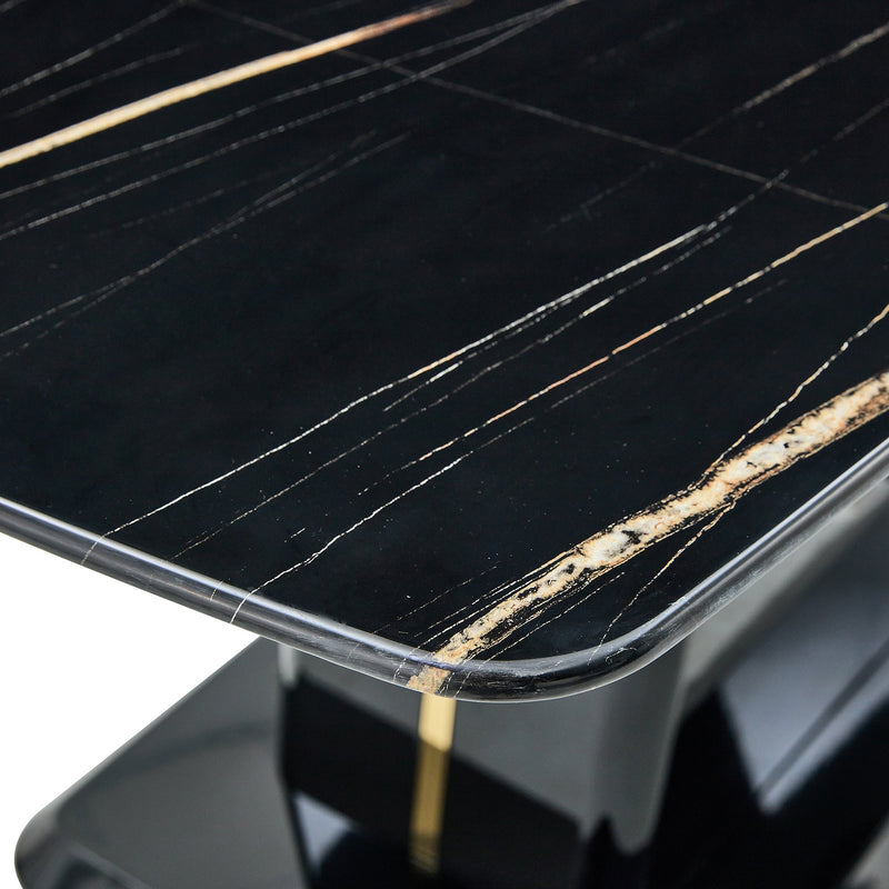 A modern, minimalist, and luxurious table. A black imitation marble tabletop with MDF U-shaped legs. Dining table, computer table. For restaurants and living rooms 63" x 35.4"x 30" F-U