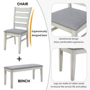 6-Piece Retro 59"L Rectangular Dining Table Set, Table with Unique Legs and 4 Upholstered Chairs & 1 Bench for Dining Room and Kitchen (White)