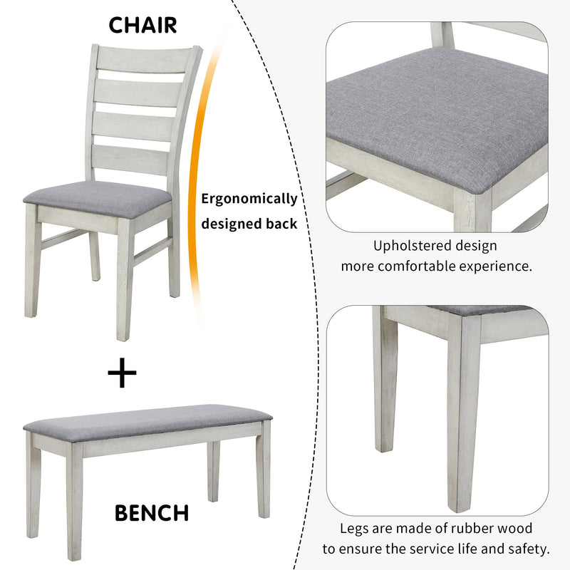 6-Piece Retro 59"L Rectangular Dining Table Set, Table with Unique Legs and 4 Upholstered Chairs & 1 Bench for Dining Room and Kitchen (White)