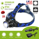 25000 LM Headlamp LED Tactical Headlight Zoomable Flashlight Torch w/Charges Camping