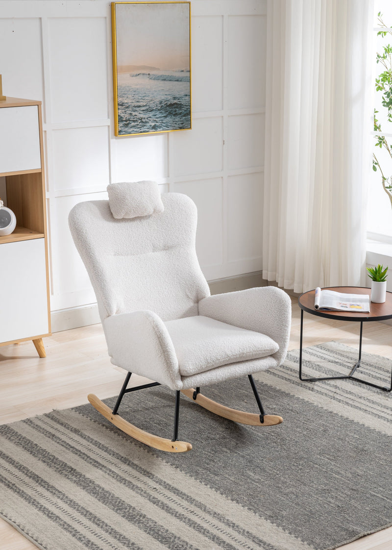 35.5 inch Rocking Chair with Pocket, Soft Teddy Fabric Rocking Chair for Nursery, Comfy Wingback Glider Rocker with Safe Solid Wood Base for Living Room Bedroom Balcony (white)