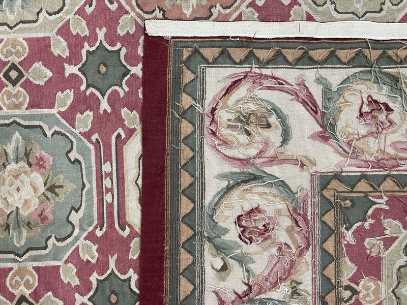 9x9 Square Rug Hand Knotted, Needlepoint Aubusson Carpet, Blush Red, Beige, Green, New, Mint Condition Area Rug, English European Design