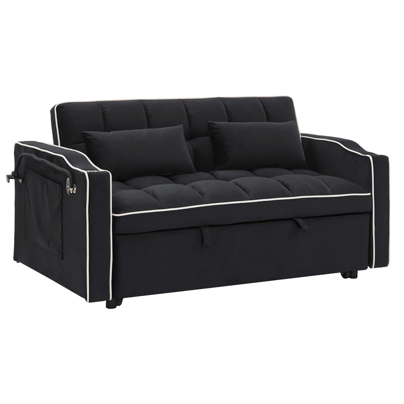 55.51 inch versatile foldable sofa bed in 3 lengths, modern sofa sofa sofa velvet pull-out bed, adjustable back and with USB port and ashtray and swivel phone stand (Black)