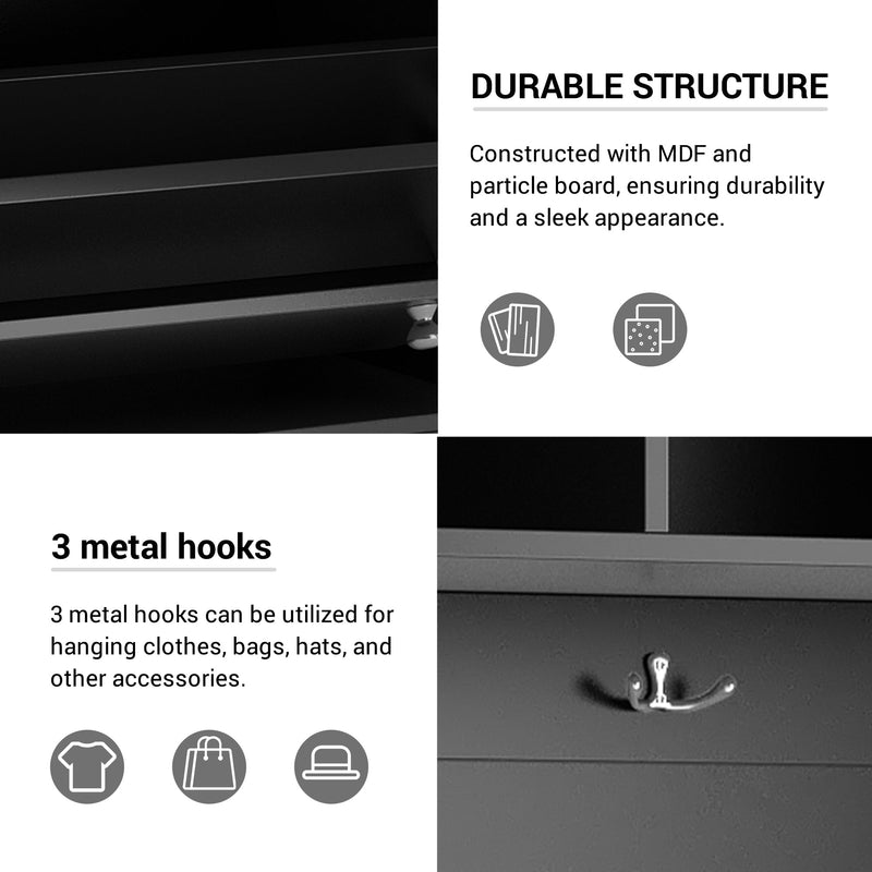 5-in-1 Entryway Bench with Coat Rack, Cushion and 3 Sturdy Hooks, 47.2" Wide Hall Tree with Shoe Storage Bench for Hallway, Entryway, Living Room