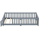 Twin Size Bed Floor Bed with Safety Guardrails and Door for Kids, Gray