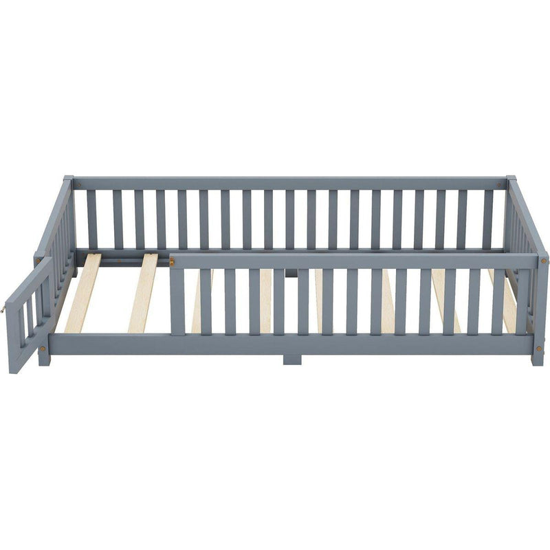 Twin Size Bed Floor Bed with Safety Guardrails and Door for Kids, Gray