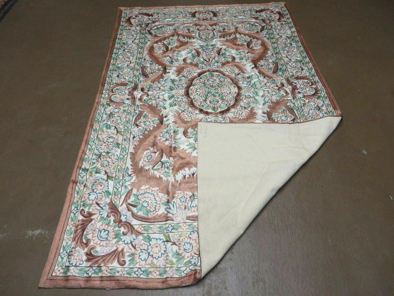 4' X 6' Vintage Embroidery Hand Stitched Rug Silk On Cotton India Backing Nice