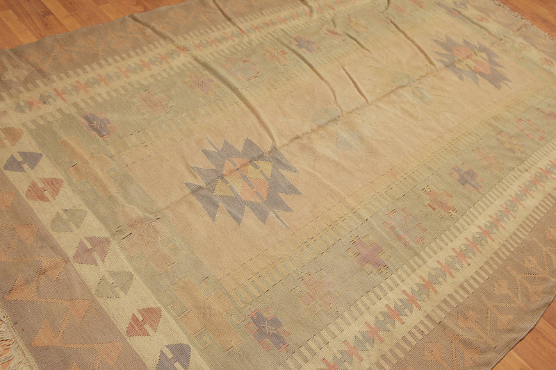 6'4" x 10'3" Tan Hand woven Tribal Turkish Kilim Wool Vegetable Dyes Traditional Oriental Area rug