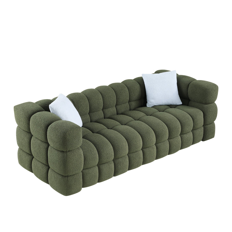 84.3 length, 35.83" deepth, human body structure for USA people, marshmallow sofa,boucle sofa, 3 seater, OLIVE GREEN BOUCLE