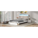Wood Queen Size Platform Bed with Upholstered Headboard and LED and 2 Drawers, Antique White