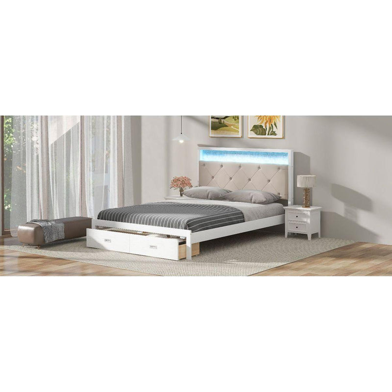 Wood Queen Size Platform Bed with Upholstered Headboard and LED and 2 Drawers, Antique White