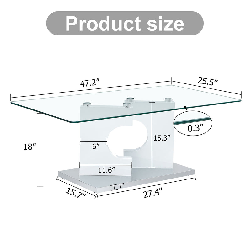 A rectangular modern and fashionable coffee table with tempered glass tabletop and white MDF legs. Suitable for living room.47.2"x25.5"x18"