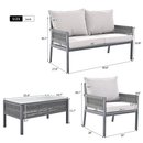 4-Piece Rope Patio Furniture Set, Outdoor Furniture with Tempered Glass Table, Patio Conversation Set Deep Seating with Thick Cushion for Backyard Porch Balcony (Grey)