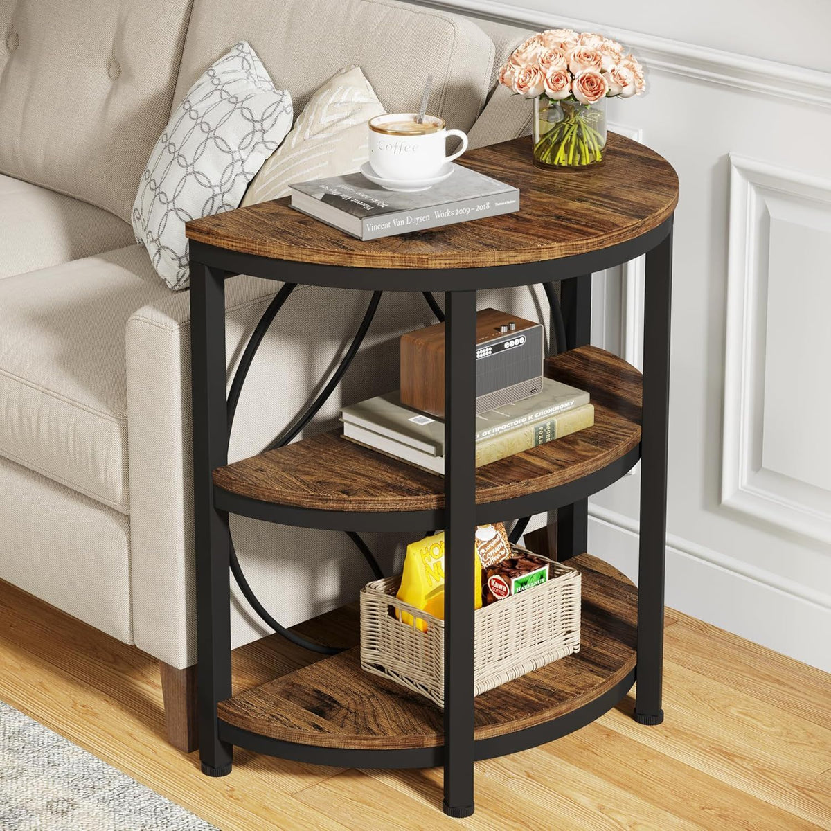 3 Tier Half Moon End Table, Space Saving Semi Circle - Deep Rustic Brown, photo 3 of 4