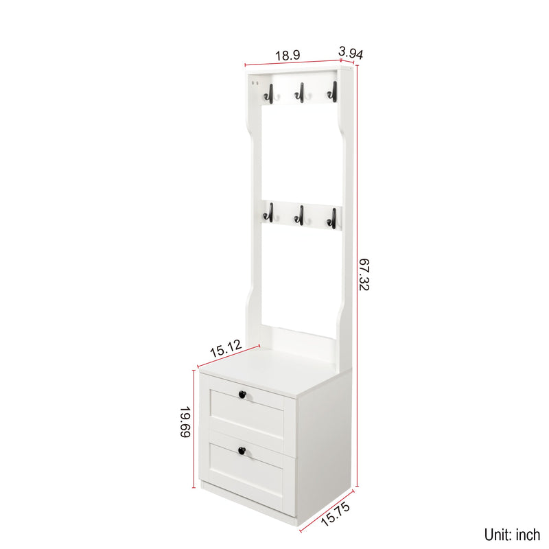 2-in-1 Coat Rack and Nightstand,Wood Bedside/Entryway Storage Organizer with Drawer & Hooks, Freestanding Clothes Hanger for Bedroom,Hallway