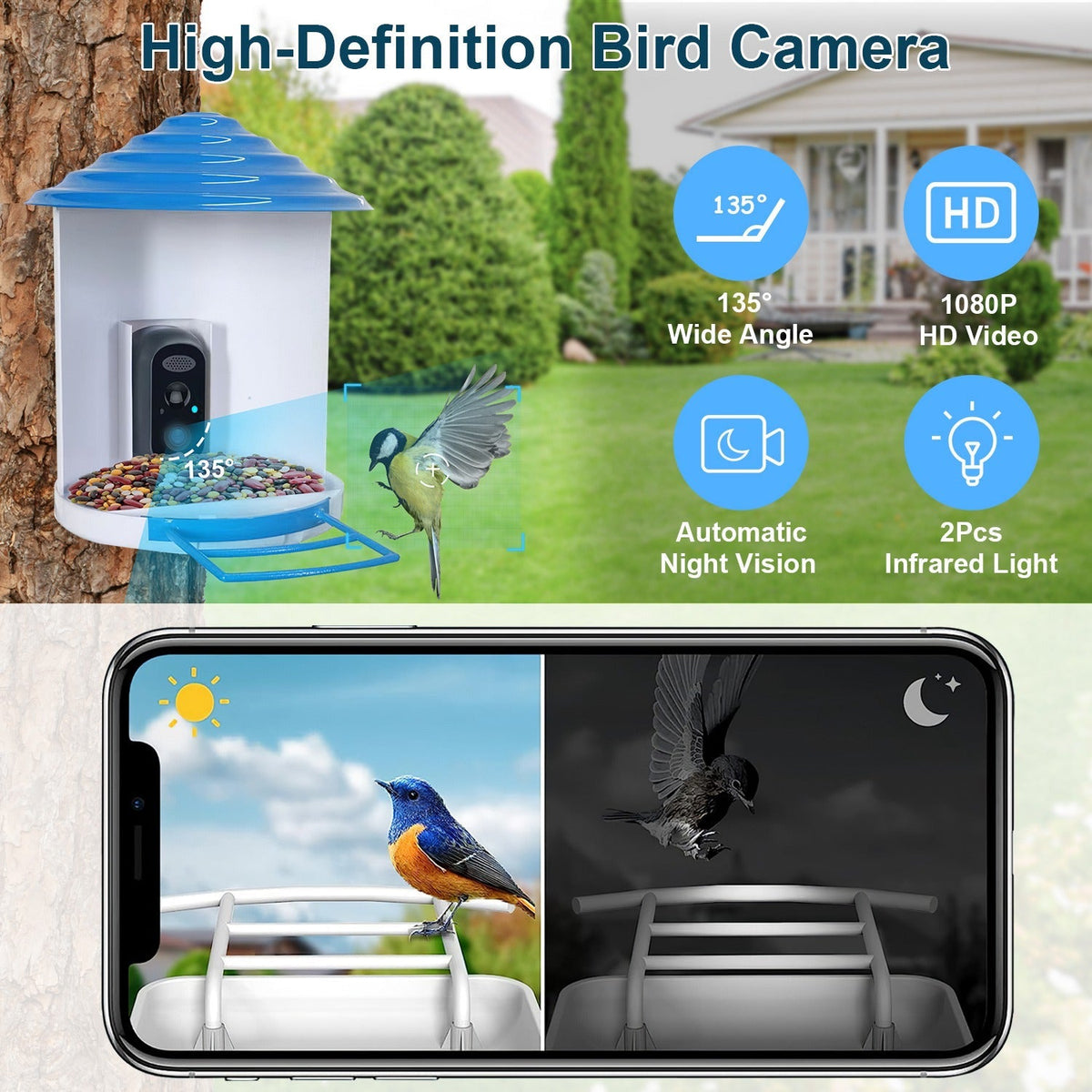 Smart Bird Feeder with Solar Powered Camera 1080P HD AI Identify PIR Motion Auto Capture Video Cloud Card Storage WiFi Connection App Control IP65 Wat, photo 9 of 14