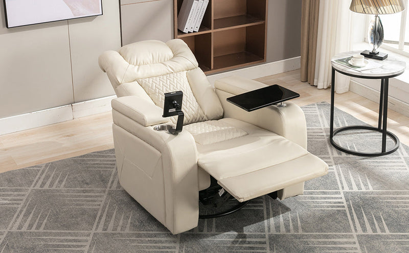 270 Degree Swivel PU Leather Power Recliner Individual Seat Home Theater Recliner with Comforable Backrest, Tray Table, Phone Holder, Cup Holder, USB Port, Hidden Arm Storage for Living Room, White