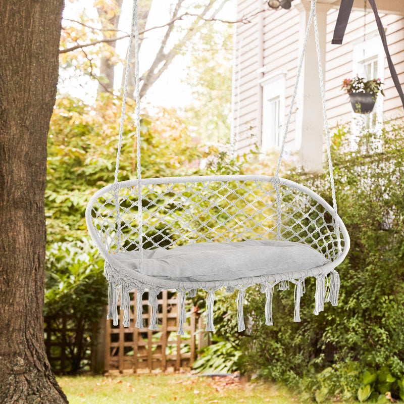 2-Person Hammock Chair Macrame Swing with Soft Cushion, Hanging Cotton Rope Chair for Indoor Outdoor Home Patio Backyard, Grey