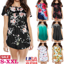 Women Summer Shirts Tops Loose Short Sleeve T Shirts Casual Floral Printed Button Shirts Blouse S-XXL